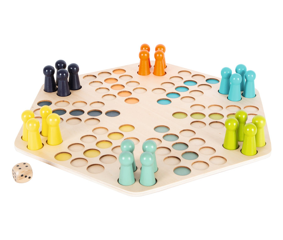 small foot »Ludo« für 6 Spieler mit bunten Spielfiguren und Würfel.