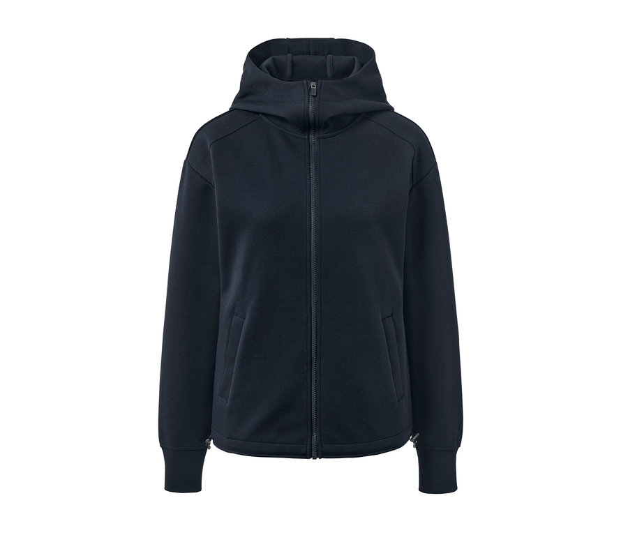 Dunkelblaue Kapuzen-Sweatjacke mit Reißverschluss in der Mitte.