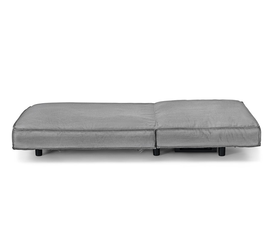 Graue Premium-Einzelliege mit verstellbarem Kopfteil und schwarzen Füßen.