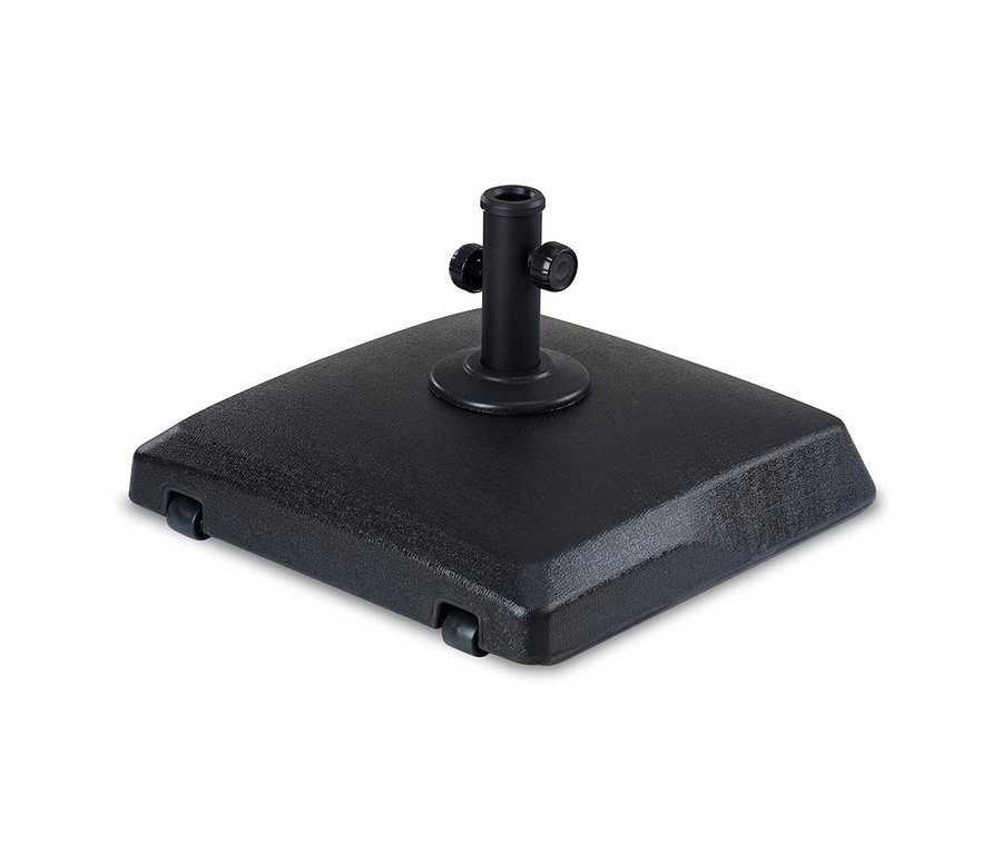 Schwarzer LECO Kunststoff-Sonnenschirmständer mit Rollen.