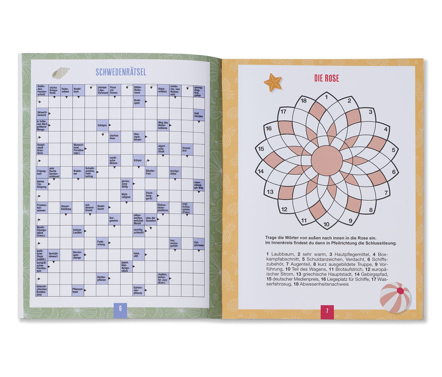 Offenes Buch mit Kreuzworträtsel und Rosenspiel, Buch: »Gute-Laune Sommer-Rätsel«.