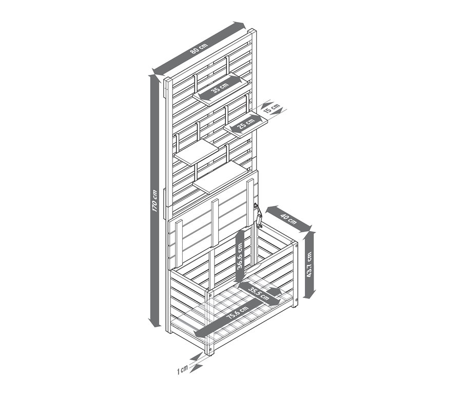Abbildung einer Balkonsichtschutzbank mit Stauraum mit verschiedenen Massangaben.