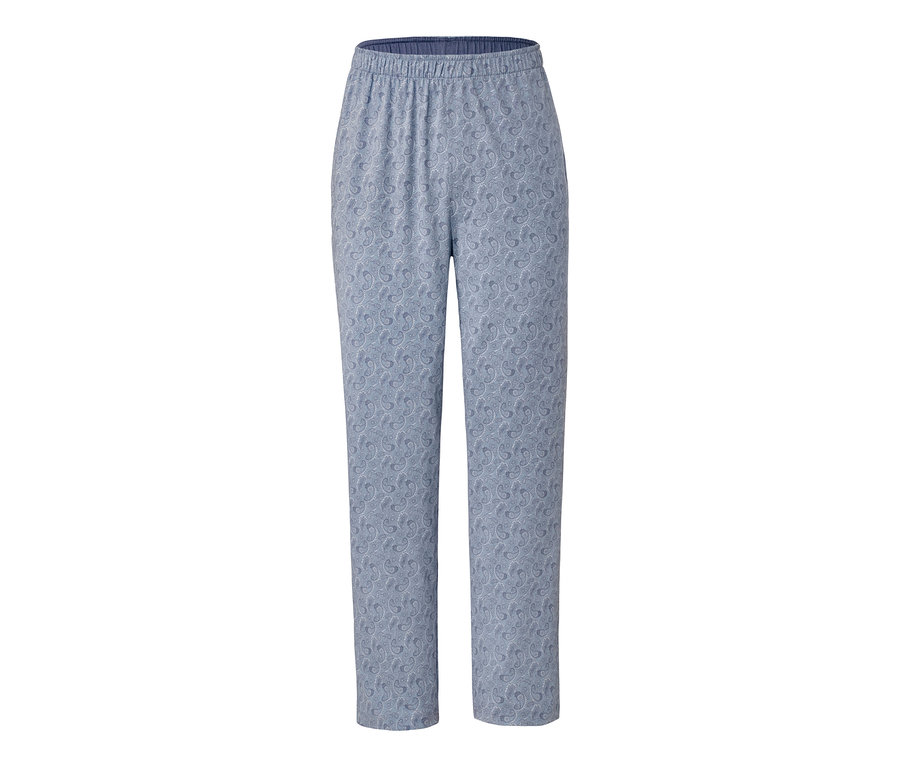 Eine blaue Pyjamahose mit Paisley-Muster.