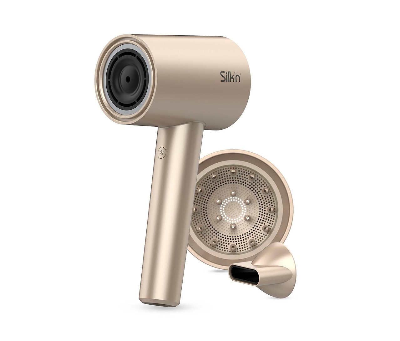 Goldener Silk'n Haartrockner SilkyAir Pro mit Aufsätzen.