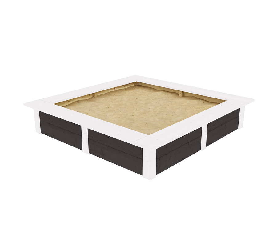 Ein quadratischer Sandkasten mit dunkelbraunen Seitenwänden und einem weißen Rahmen, gefüllt mit Sand. Im Hintergrund ist ein Weka Sandkasten zu sehen.
