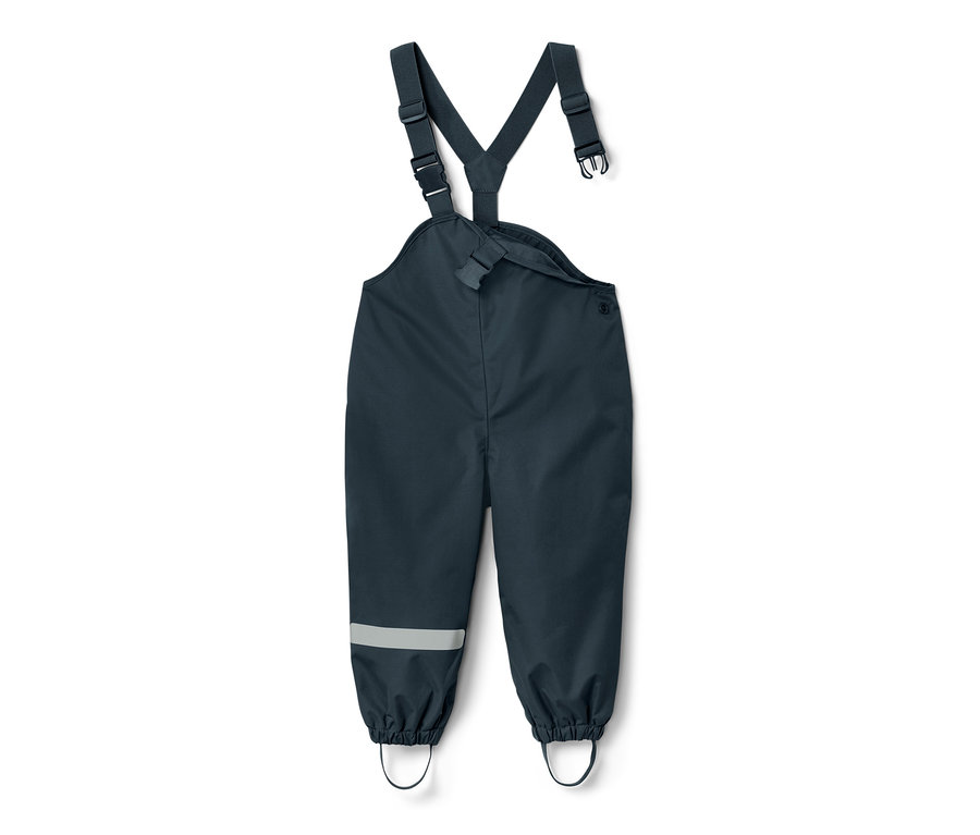 Dunkelblaue Kleinkind-Regenhose mit Trägern und einem reflektierenden Streifen am Bein.