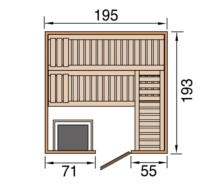 Grundriss der Weka Design-Sauna, Oulainen BioS, mit den markierten Abmessungen.