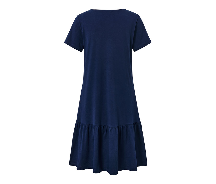 Blaues Jerseykleid mit Volant.
