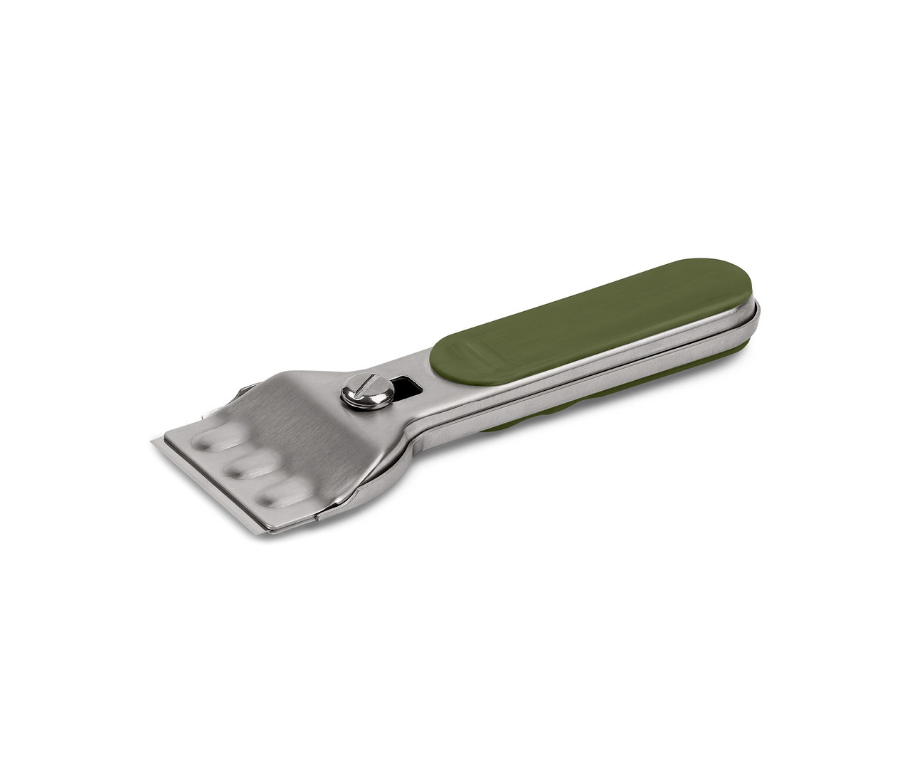 Ein Reinigungsschaber mit silbernem Metallkopf und olivgrünem Griff.