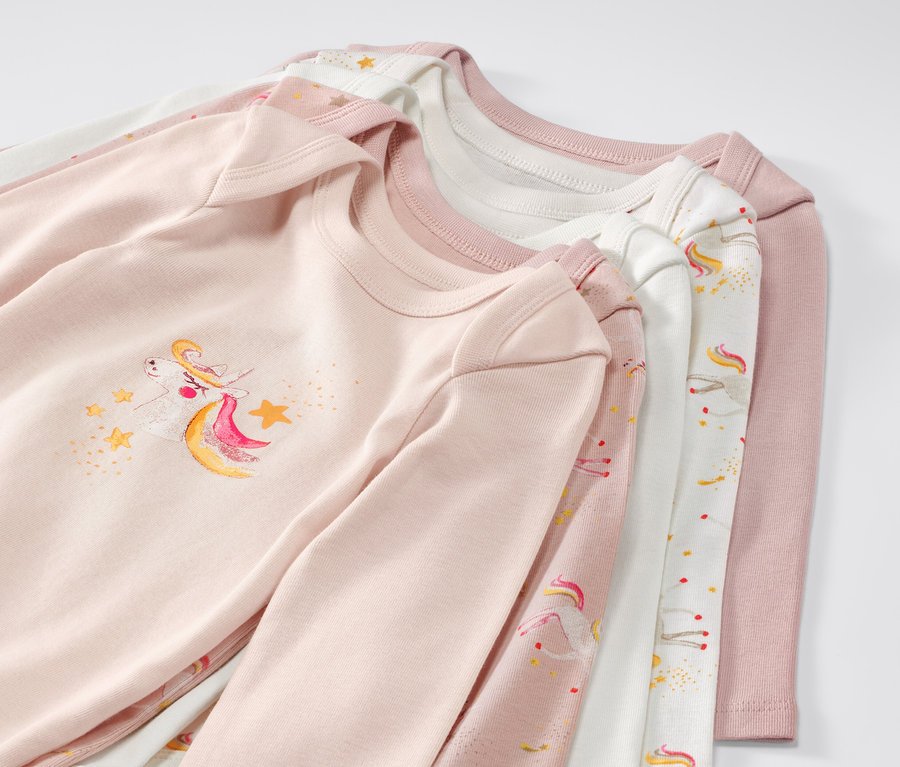 Fünf Baby-Bodys mit Mitwachsfunktion, Einhorn.