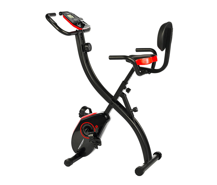 Ein schwarz-rotes S-Bike Heimtrainer auf einem weißen Hintergrund.