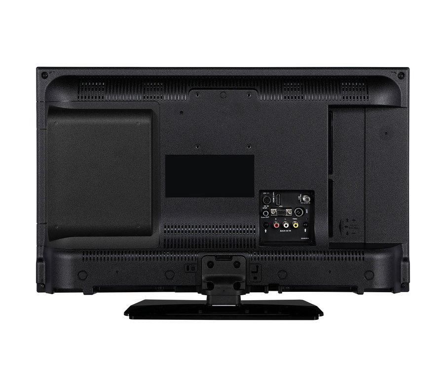 Rückseite eines schwarzen 24-Zoll-HD-LED-Fernsehers von Lenco mit DVD-Player.