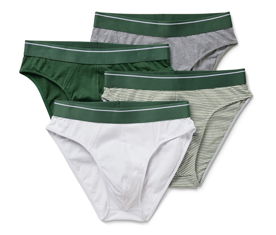 Vier Slips in verschiedenen Farben (Grün, Grau, Weiß und Grün gestreift).