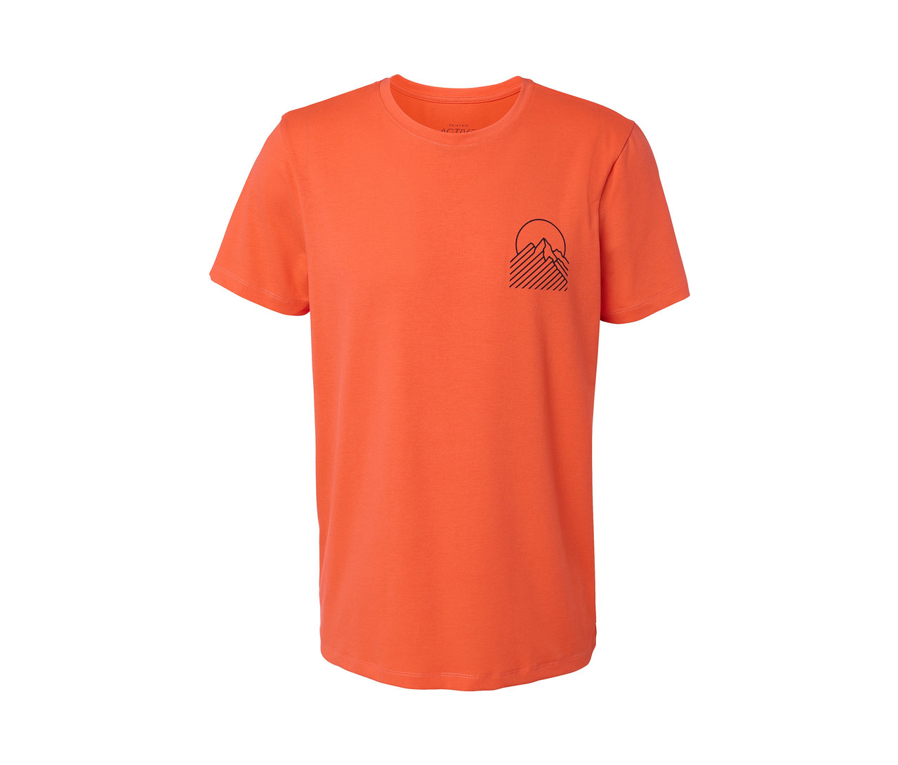 Orangefarbenes T-Shirt mit Berg- und Sonnenaufgangs-Print.