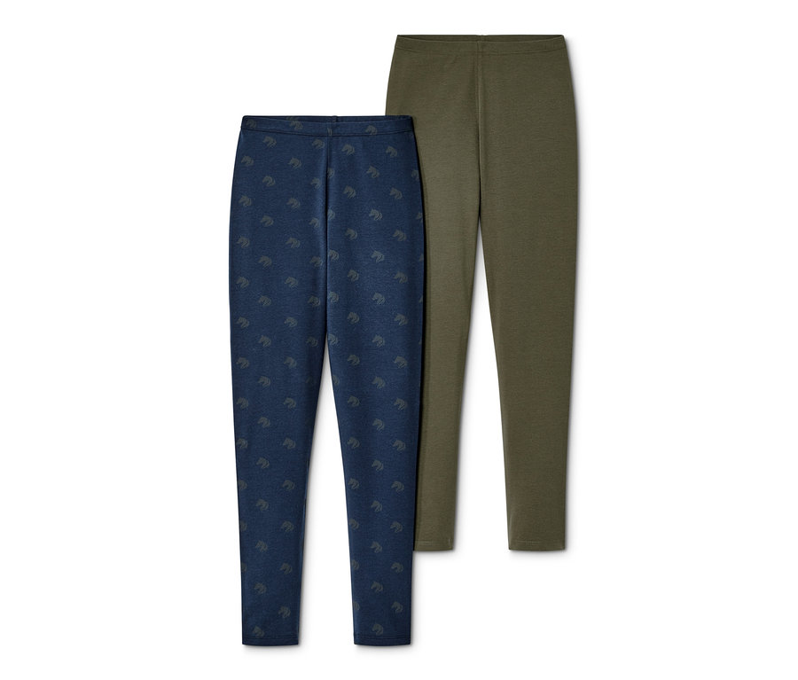Zwei Kinder-Leggings: eine marineblau mit Muster, die andere olivgrün.