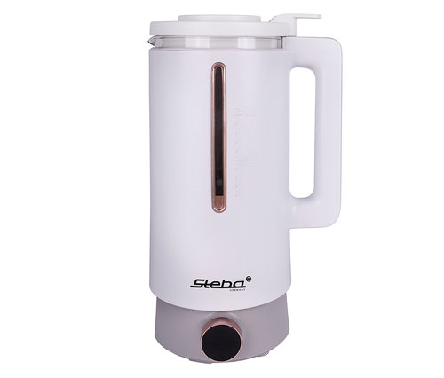 Weißer Steba Vegan-Drink-Maker mit transparentem Oberteil und grauem Sockel.