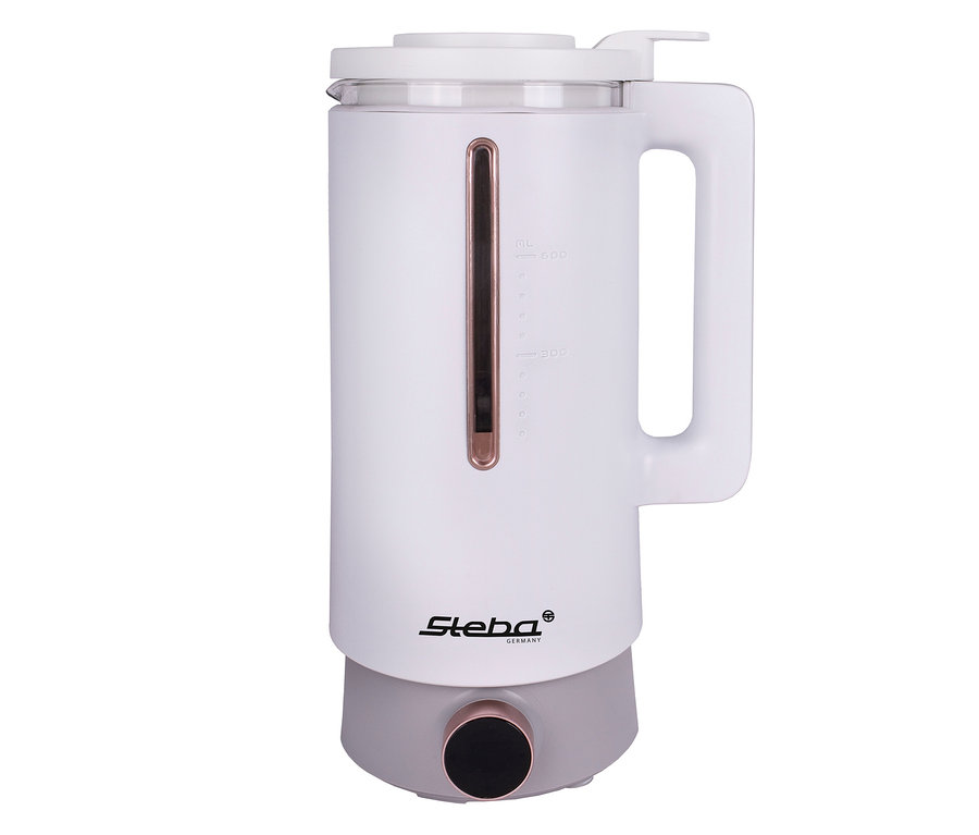 Weißer Steba Vegan-Drink-Maker mit transparentem Oberteil und grauem Sockel.