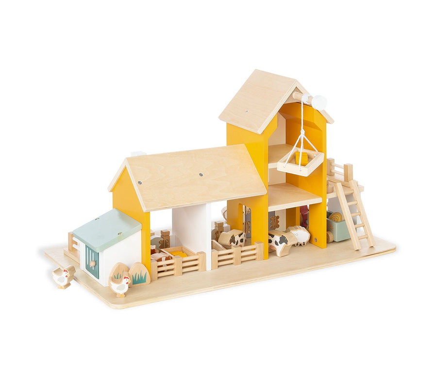 Gelb-beiges Pinolino Bauernhof »Henri« Spielzeug aus Holz mit Kühen und Hühnern.
