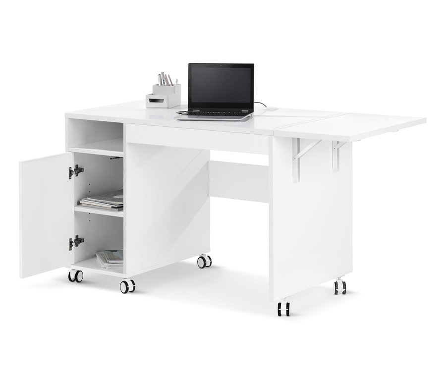 Weißer Multifunktionstisch mit erweiterbarer Tischplatte, auf der ein Laptop und ein Schreibtisch-Organizer stehen.