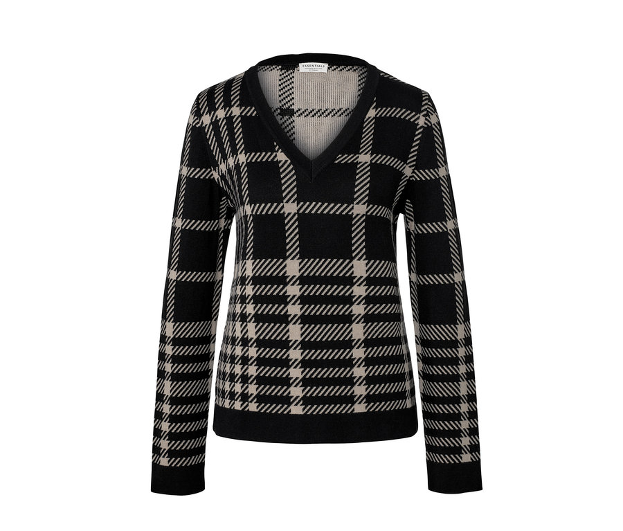 Karierter Pullover mit V-Ausschnitt.