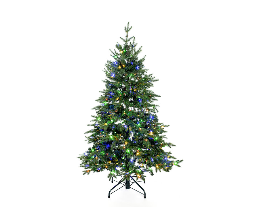 Eine 150 cm große LED-Tanne »Sherwood« mit bunten Lichtern auf weißem Hintergrund.