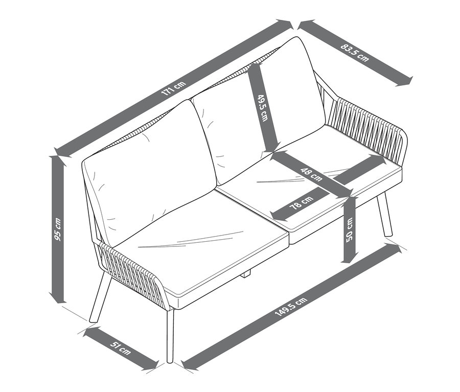 Abmessungen des Lounge-Dining-Sets.