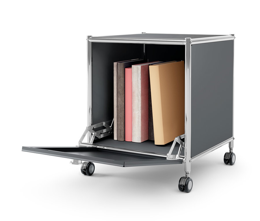 Grauer Beistelltisch mit Schublade Metall »CN3« mit Büchern.