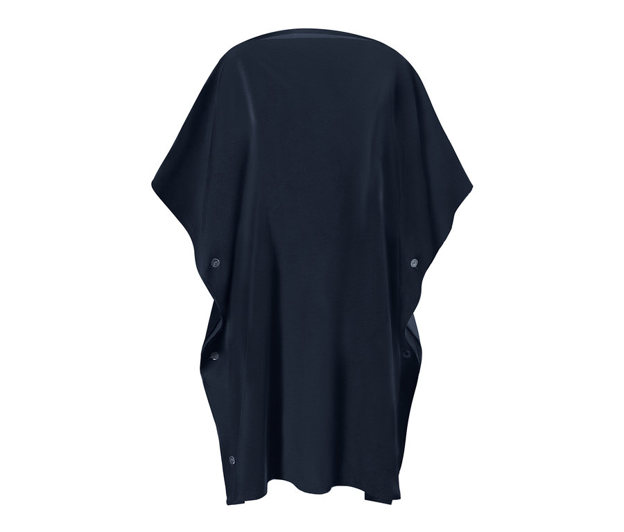 Dunkelblauer 2-in-1-Badetuch-und-Poncho mit Knöpfen an den Seiten.