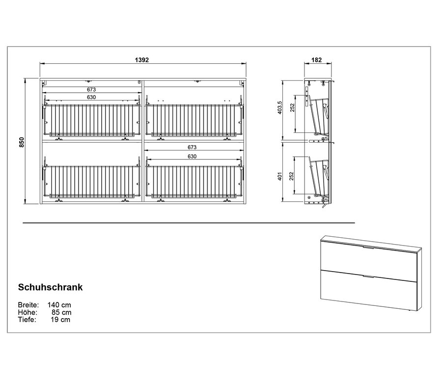 Skizze von Schuhschrank Valega in Schwarz und Kaschmir mit Abmessungen.