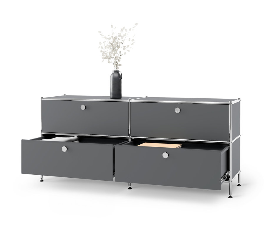 Graues Lowboard Metall »CN3« mit 4 Schubladen, davon zwei geöffnet.
