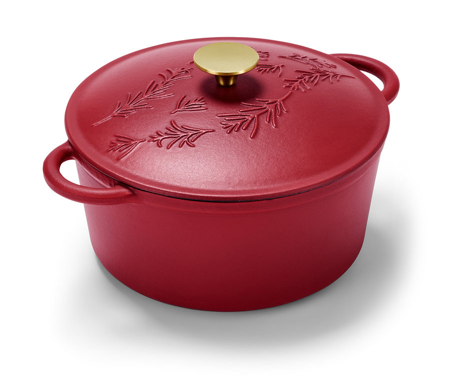Ein roter Gusseisen-Topf in runder Form mit einem Deckel und goldenem Griff.