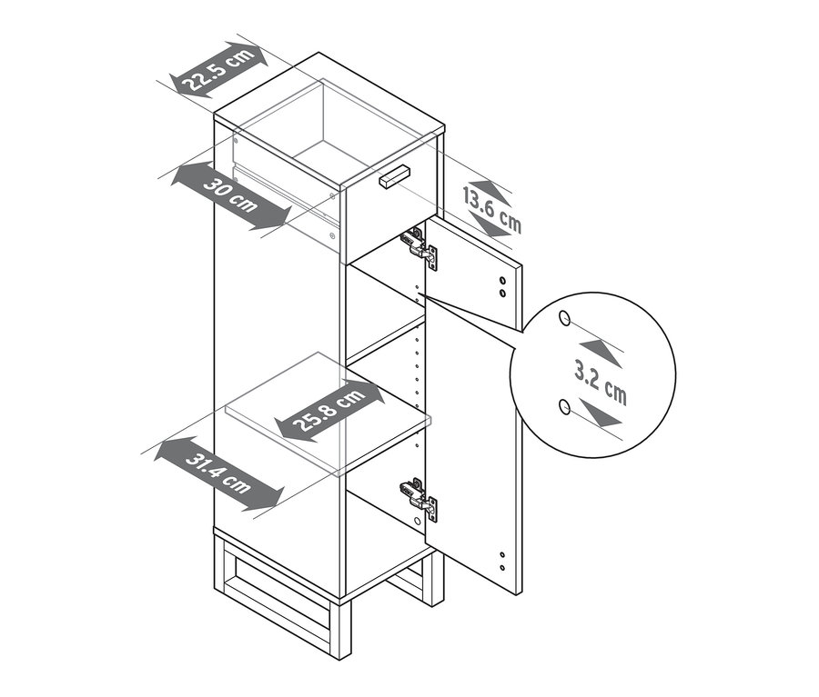 Zeichnung eines schmalen Bad-Beistellschranks mit Schublade und Tür, mit hervorgehobenen Abmessungen.