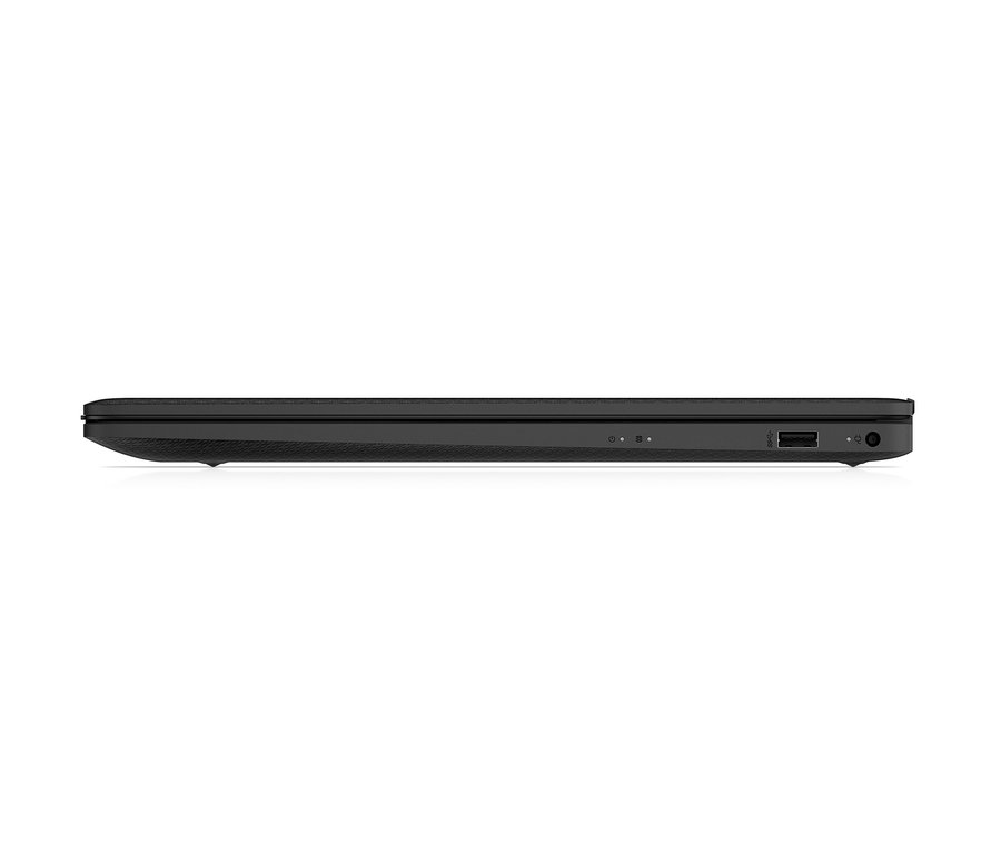 Seitenansicht eines geschlossenen schwarzen Notebooks. HP 17-cn0430ng Notebook, schwarz