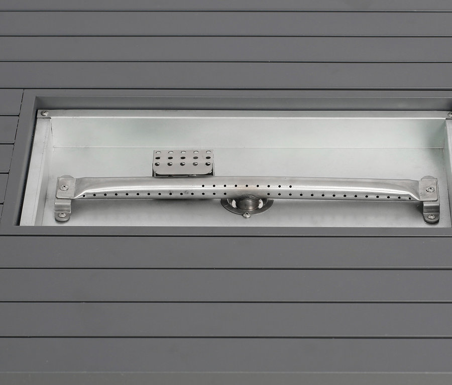 Detailansicht des grauen Buschbeck Loungetisch »Lagos« mit mittigem Metallbrenner.