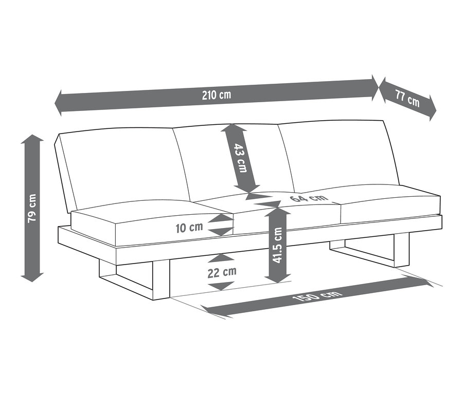 Abbildung eines Premium-2-in-1-Sofa-Liege mit Sunbrella®-Stoff, Abmessungen in Zentimetern angegeben.