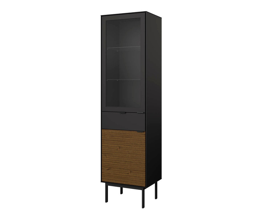 Schwarze und braune Vitrine mit gläsernem Oberteil und hölzernem Unterteil.