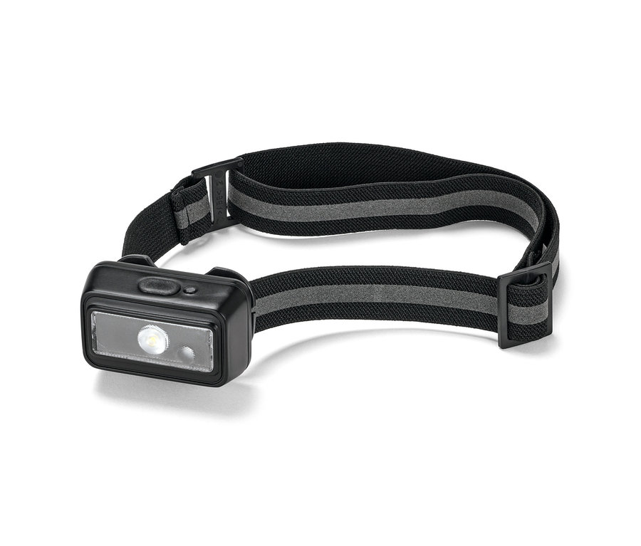 Eine kompakte Stirnlampe mit einem schwarzen, elastischen Band mit zwei grauen Streifen.