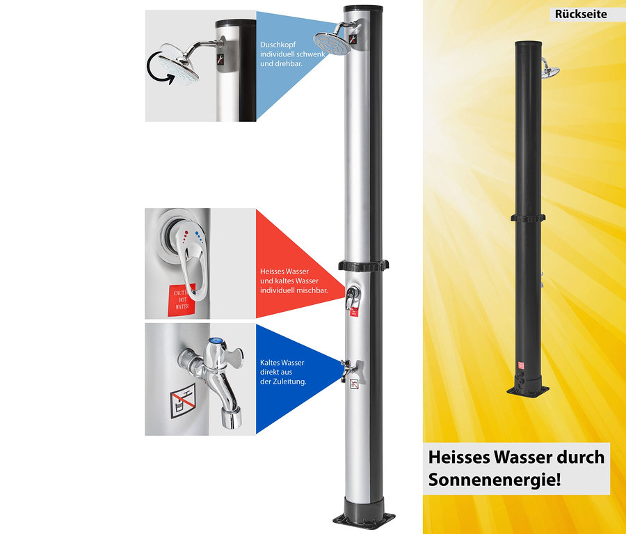 Silberne Solardusche mit Mischbatterie für Warm- und Kaltwasser.