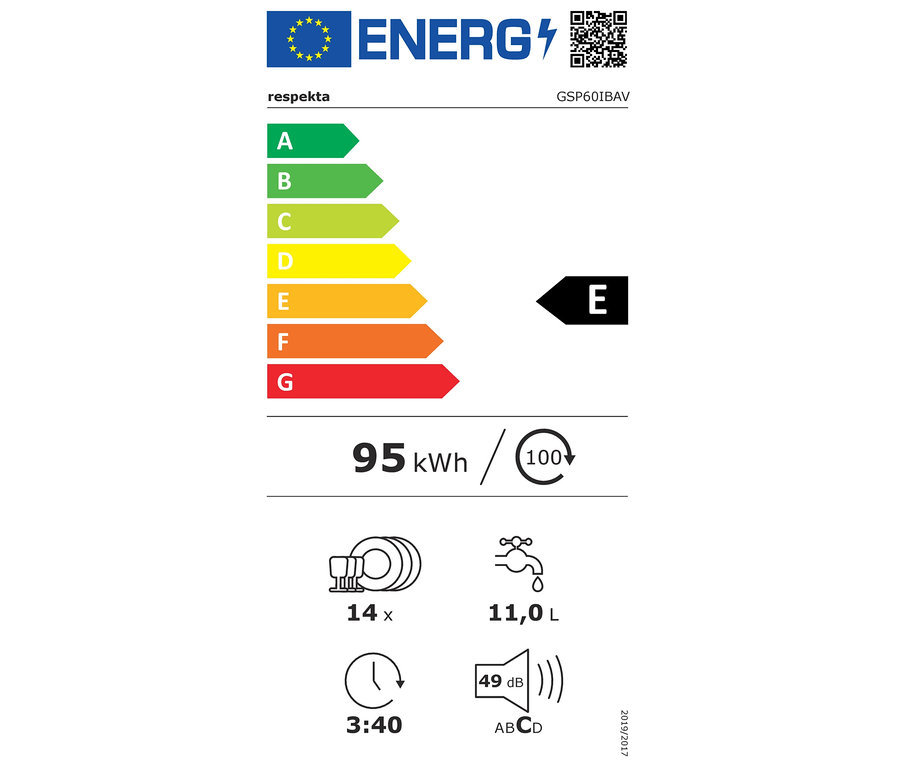 Energielabel für Respekta vollintegrierter-Geschirrspüler »GSP60IBAV«, ca. 60 cm, E (von A bis G).