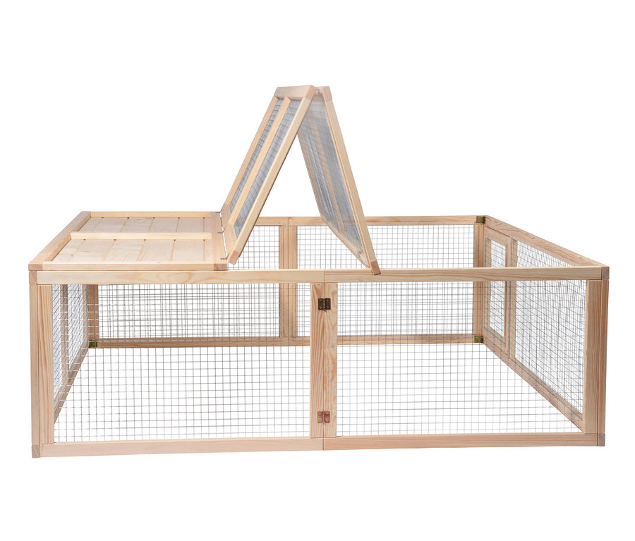 Dobar Freilaufgehege aus Holz mit Drahtgitter.