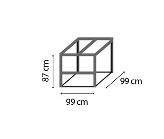 Illustration eines Komposters "Tomma" mit den Maßen 87 cm Höhe und 99 cm Breite.