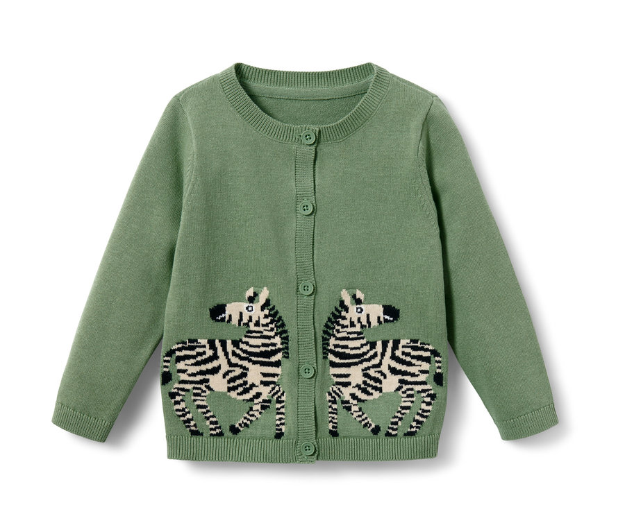 Grüne Kinder-Jacquard-Strickjacke mit Zebras.