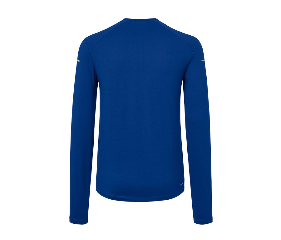Blaues Langarm-Funktionsshirt von hinten gezeigt.