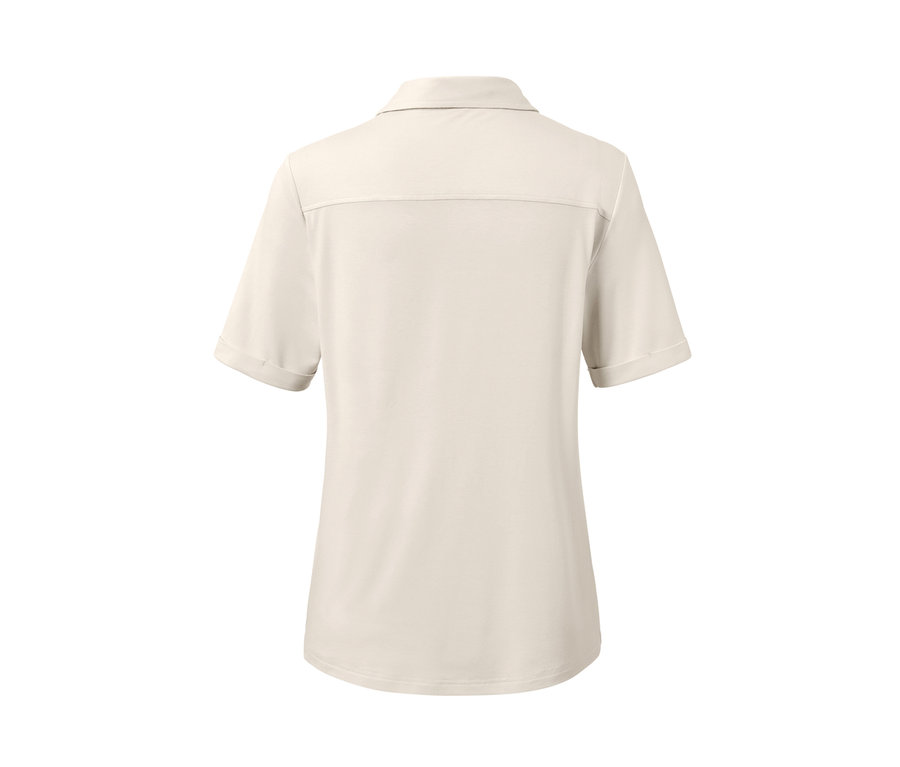 Rückansicht des weißen Blusenshirts mit Knopfleiste.