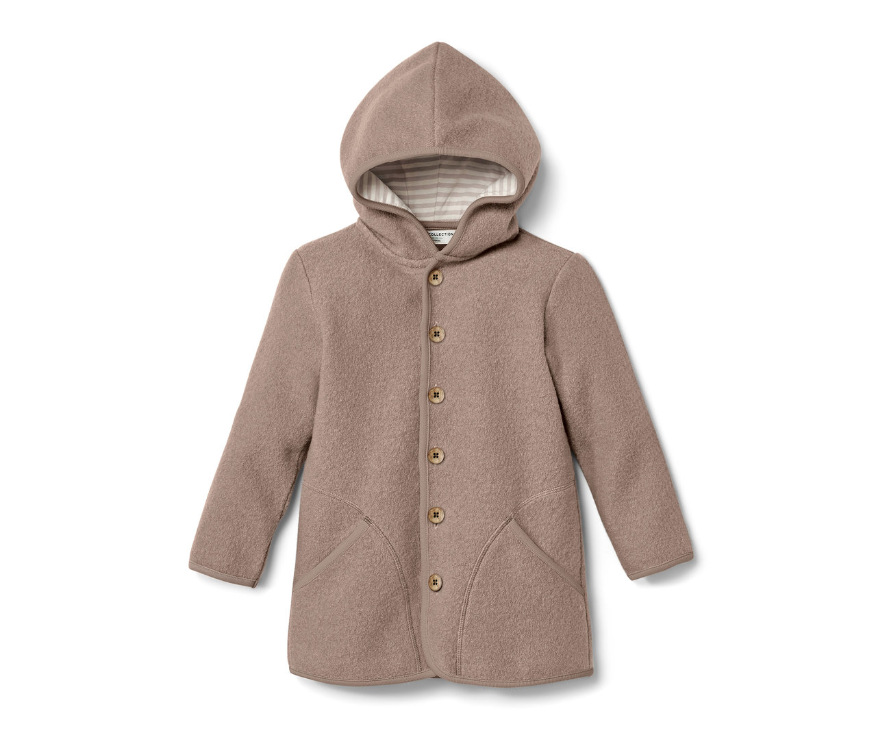 Beige Kinder-Walkjacke mit Merinowolle, Kapuze und Knöpfen.