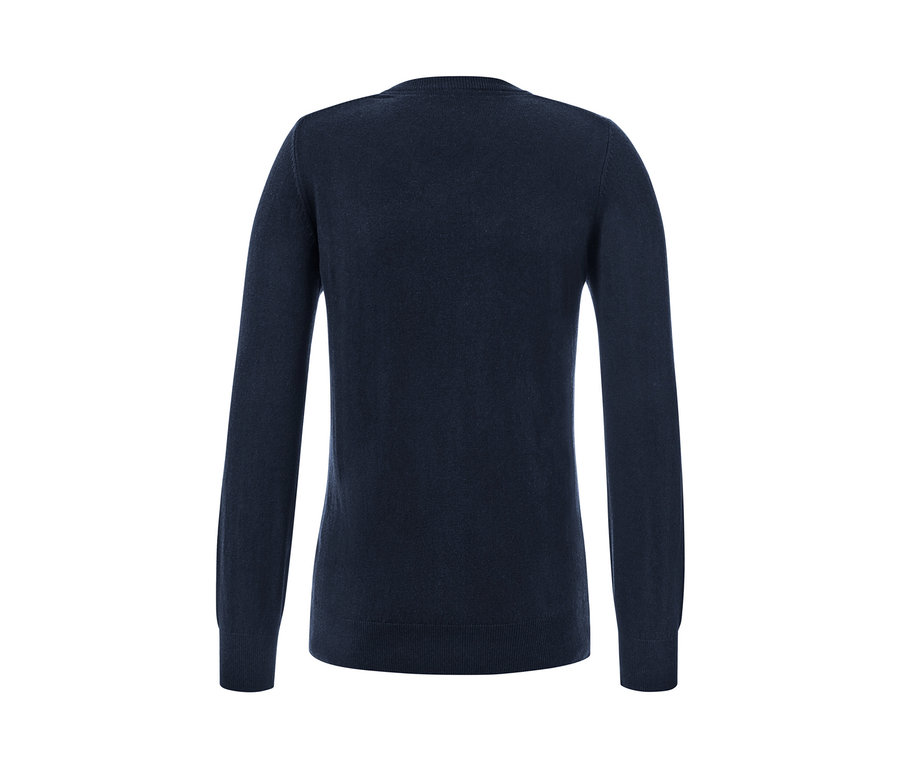 Marineblauer Pullover mit V-Ausschnitt.