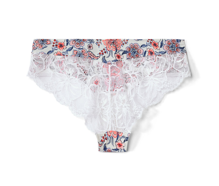 Ein einzelner, weißer Brazilslip mit Blumenmuster. 4 Brazilslips.