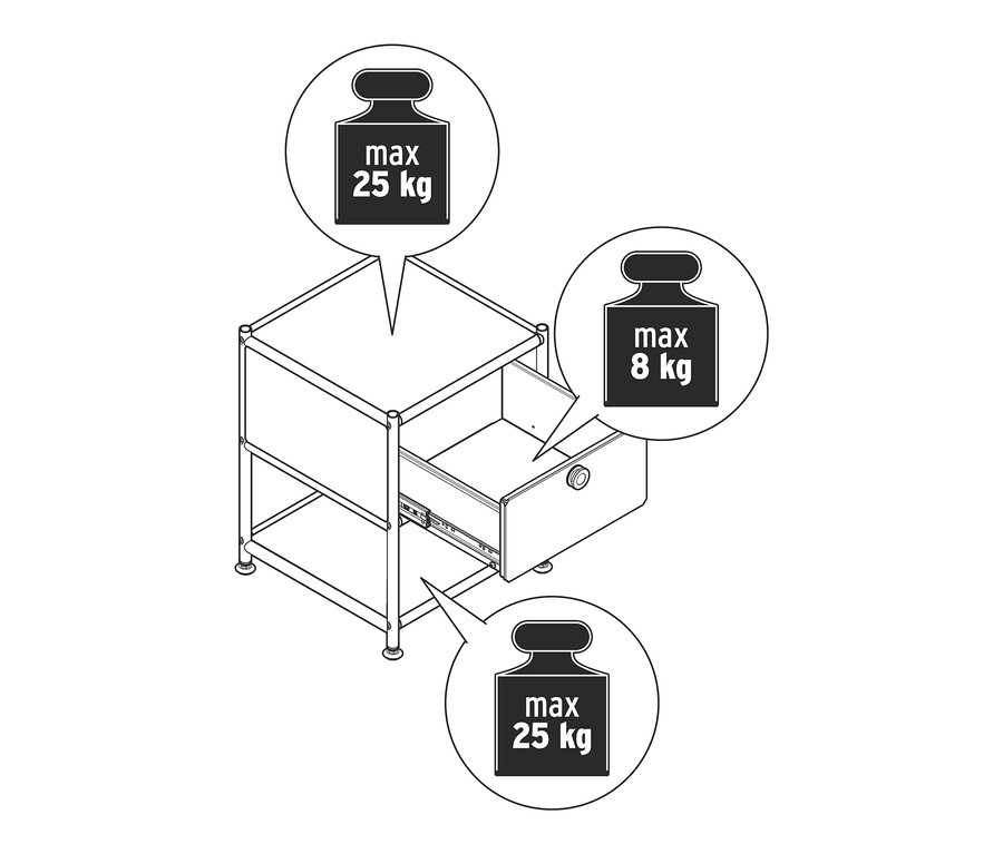 Skizze eines Beistelltisch Metall »CN3« mit 1 Schublade, mit Darstellung der maximalen Belastbarkeit.