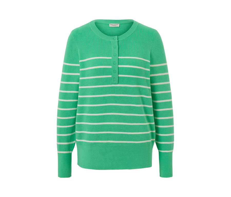 Grün-weiß gestreifter Feinstrickpullover.
