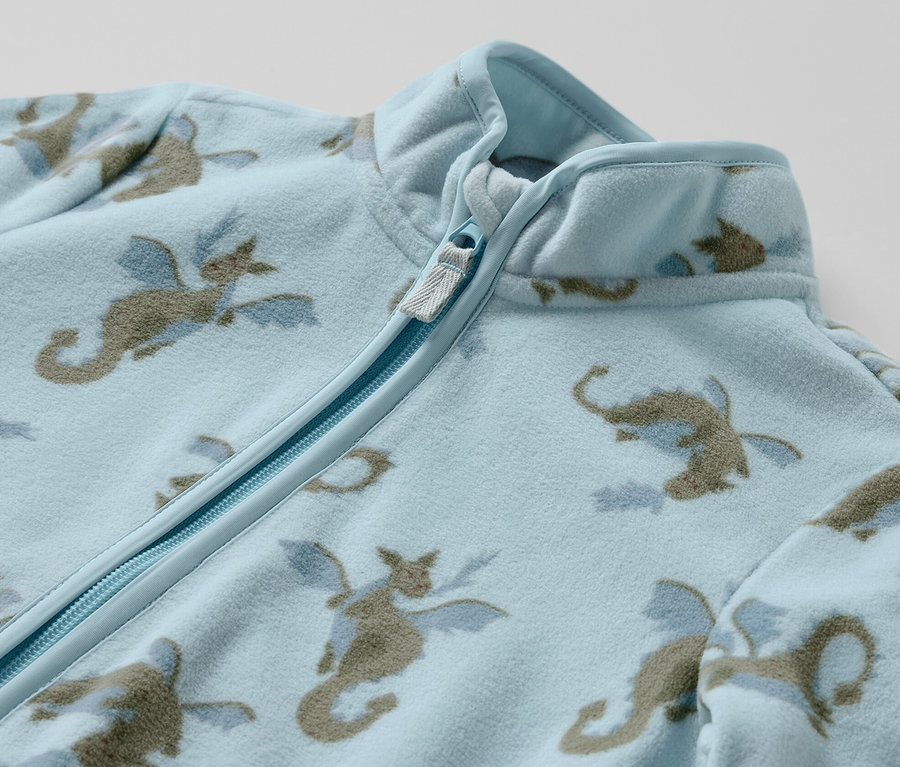 Hellblaue Fleecejacke Kinder-Fleecejacke, Drache, mit Allover-Drachenprint und Reissverschluss.